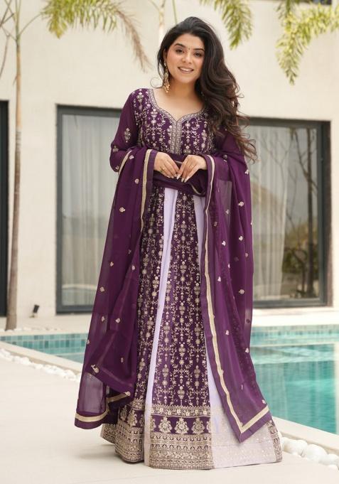 Wine Embroidery Faux Blooming Salwar Kameez