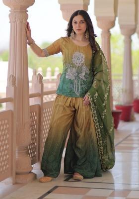 Green Embroidered Chinon Sharara Set