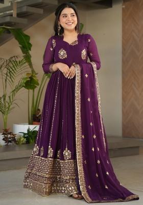 Purple Embroidered Faux Blooming Anarkali Set