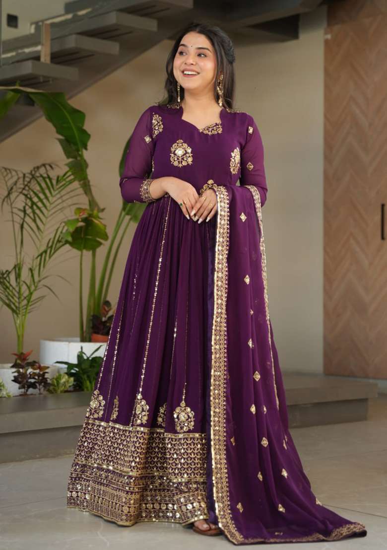 Purple Embroidered Faux Blooming Anarkali Set - Indya