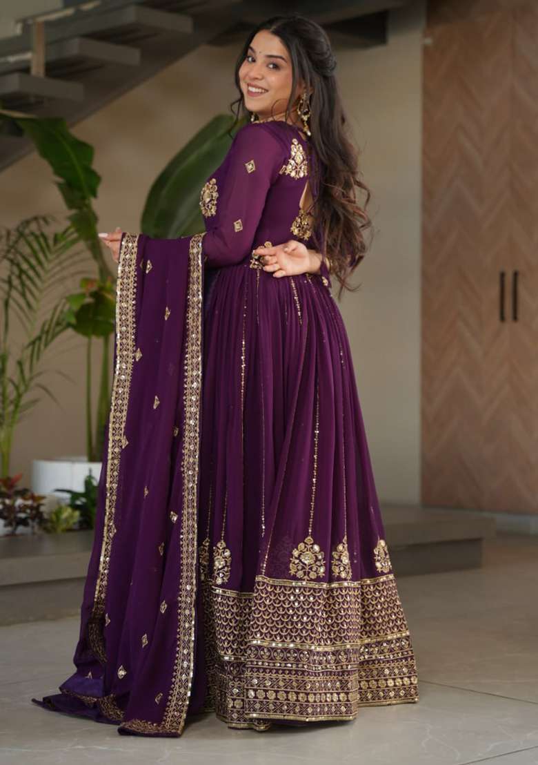 Purple Embroidered Faux Blooming Anarkali Set - Indya