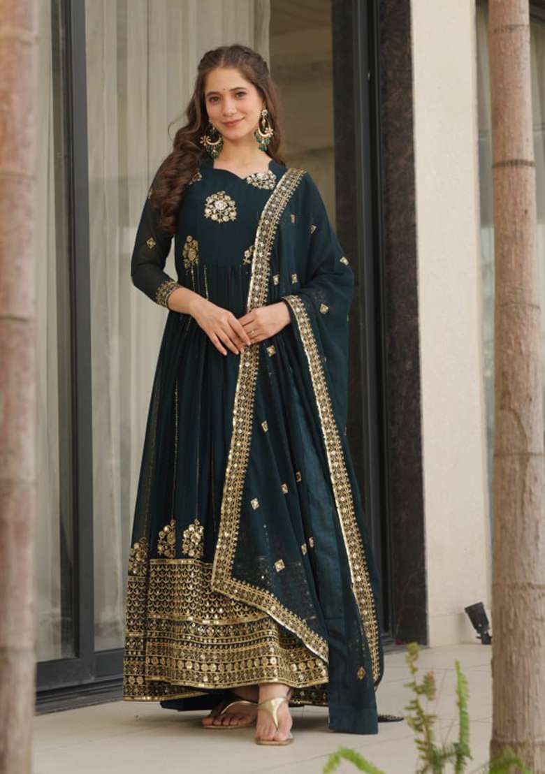 Rama Blue Embroidered Faux Blooming Anarkali Set - Indya