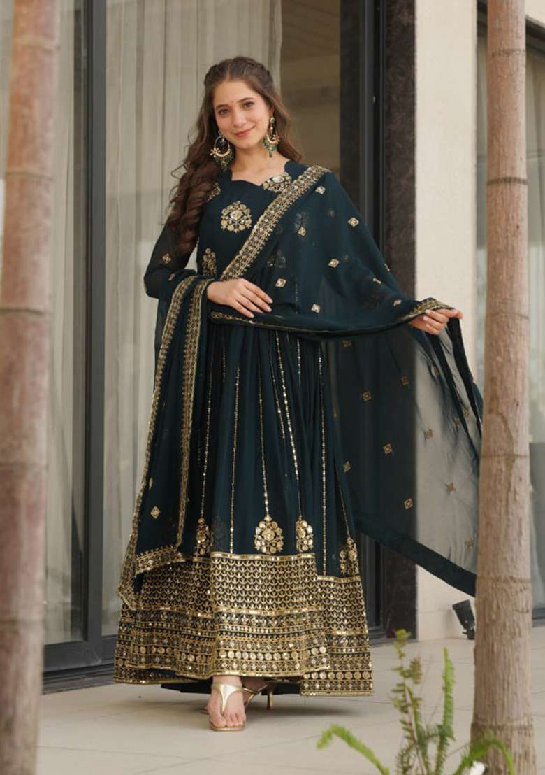 Rama Blue Embroidered Faux Blooming Anarkali Set - Indya