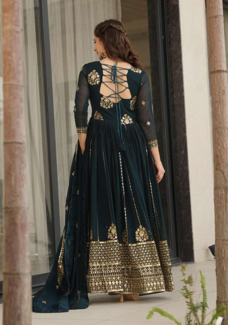 Rama Blue Embroidered Faux Blooming Anarkali Set - Indya