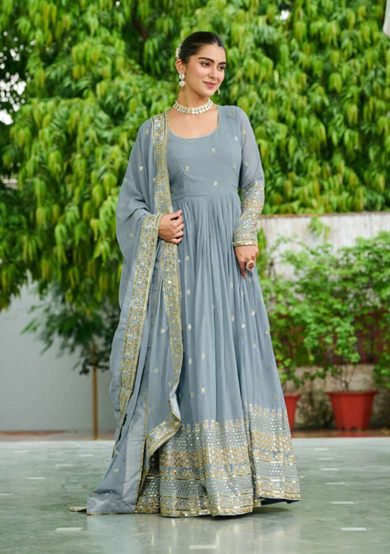 Sky Blue Embroidered Georgette Anarkali Set - Indya