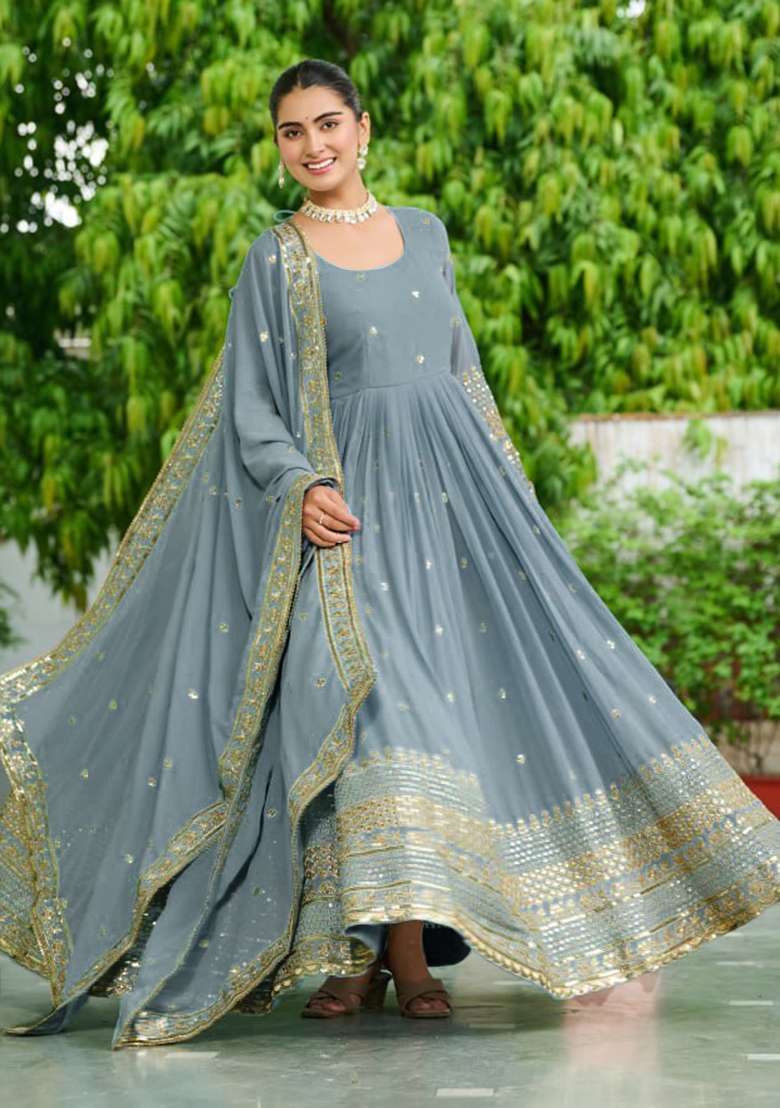 Sky Blue Embroidered Georgette Anarkali Set - Indya