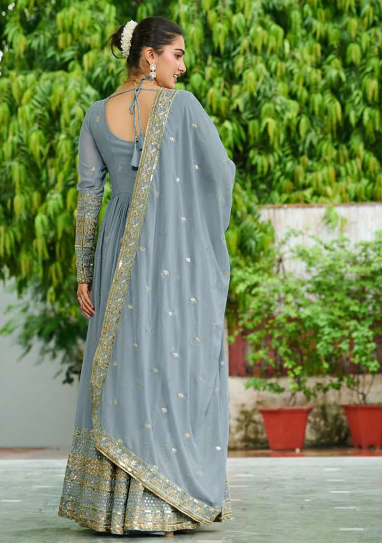 Sky Blue Embroidered Georgette Anarkali Set - Indya