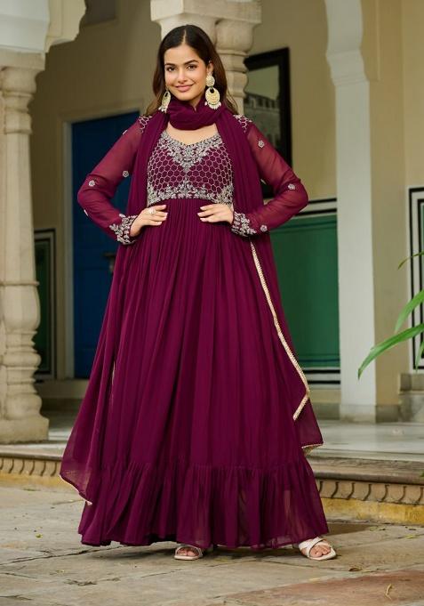 Wine Embroidery Faux Blooming Salwar Kameez