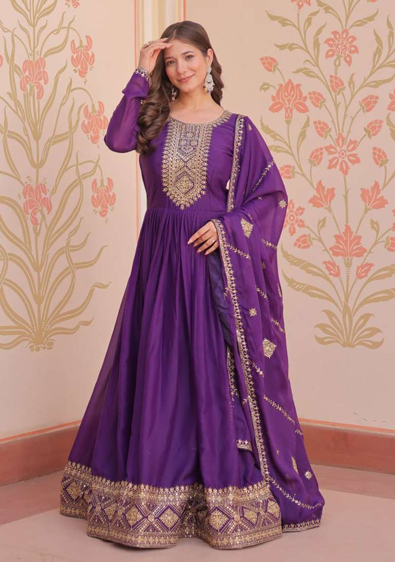 Purple Embroidery Georgette Salwar Kameez - Indya