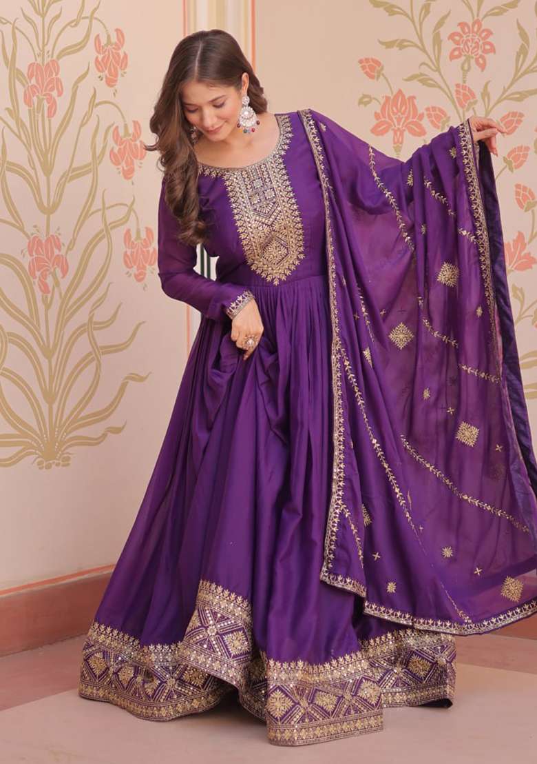 Purple Embroidery Georgette Salwar Kameez - Indya