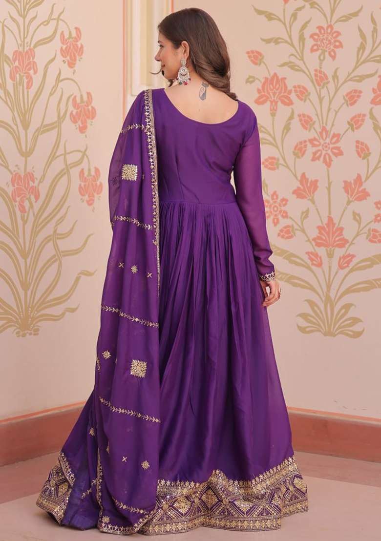 Purple Embroidery Georgette Salwar Kameez - Indya