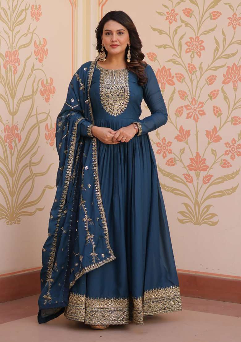 Rama Blue Embroidery Georgette Salwar Kameez - Indya