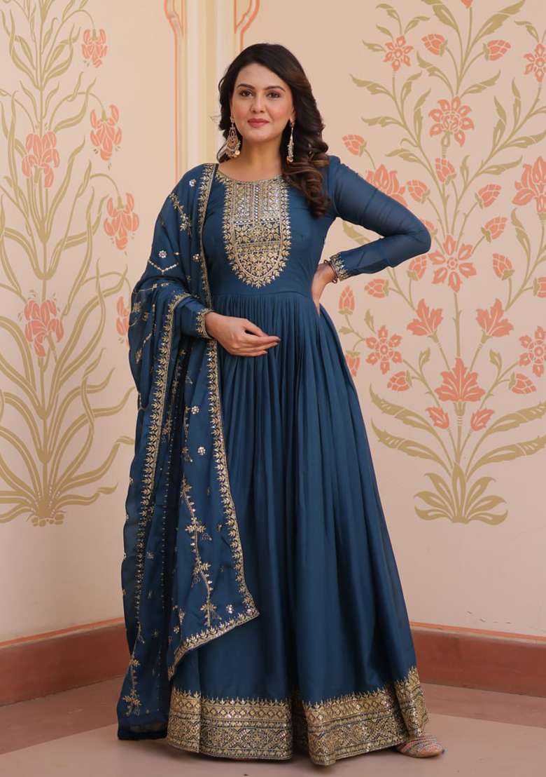 Rama Blue Embroidery Georgette Salwar Kameez - Indya
