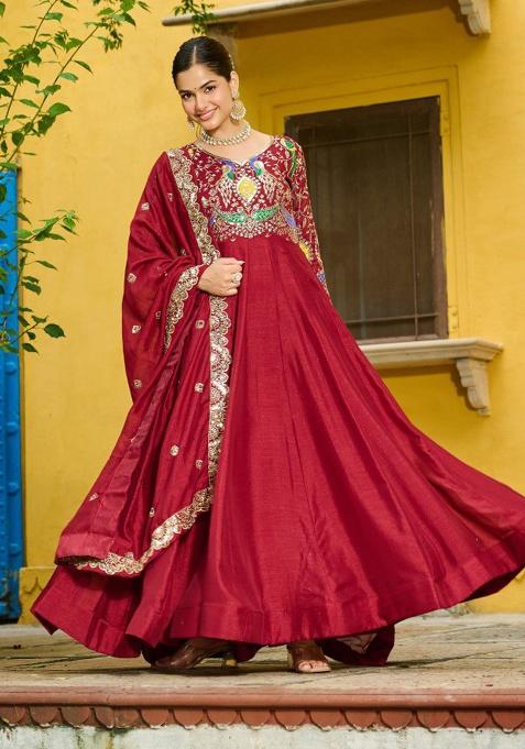 Maroon Embroidery Chinon Salwar Kameez