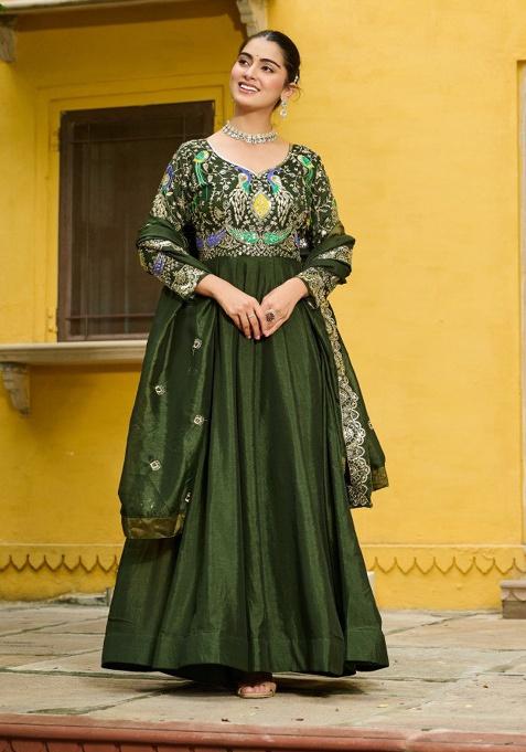 Mehendi Embroidery Chinon Salwar Kameez