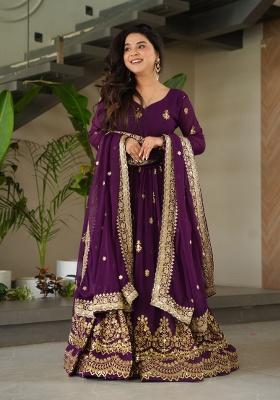 Purple Embroidered Faux Blooming Anarkali Set