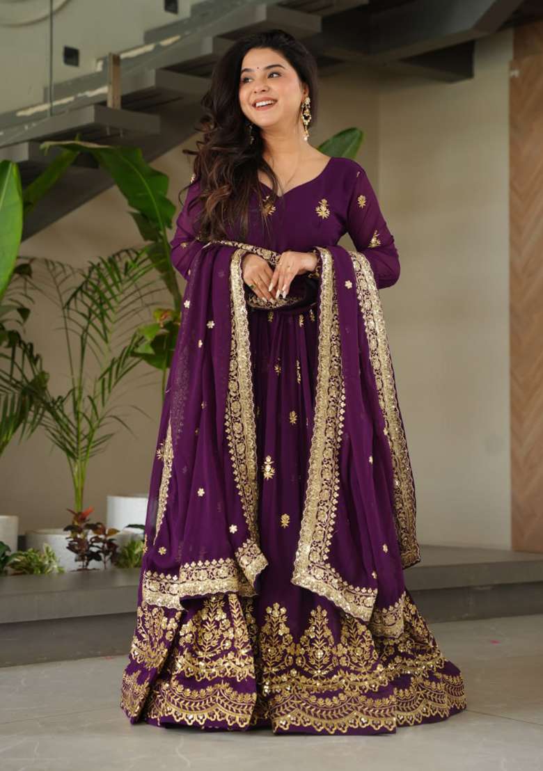 Purple Embroidered Faux Blooming Anarkali Set - Indya