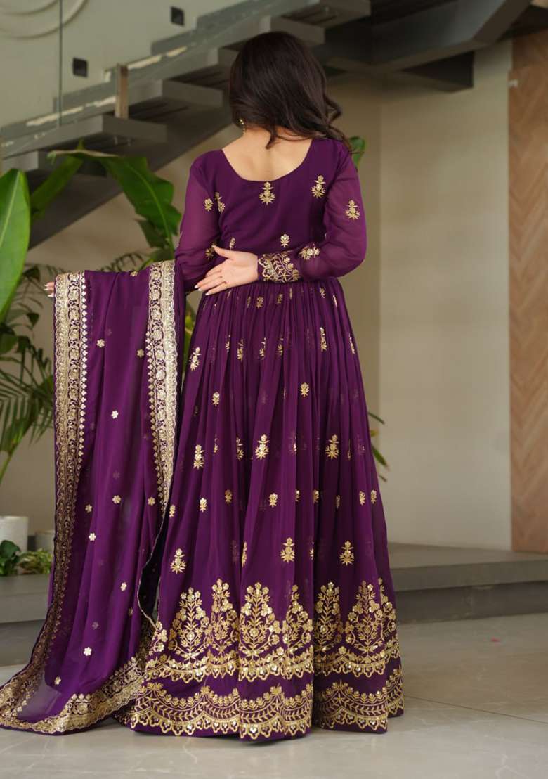 Purple Embroidered Faux Blooming Anarkali Set - Indya