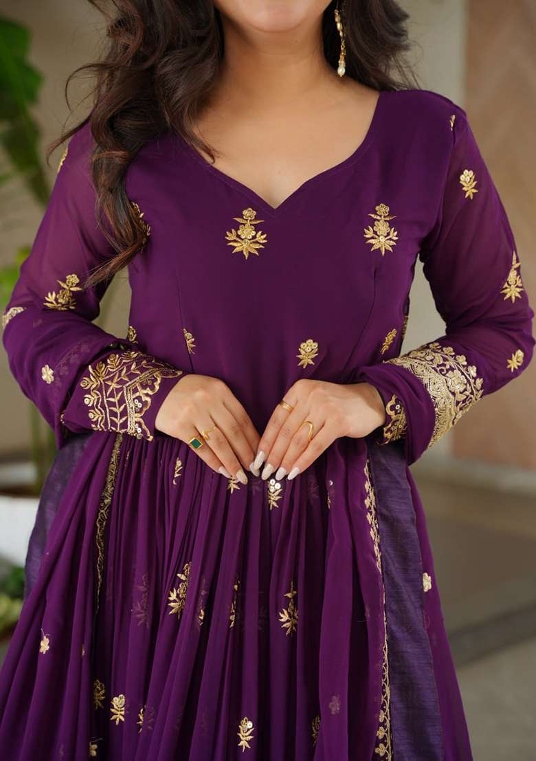 Purple Embroidered Faux Blooming Anarkali Set - Indya