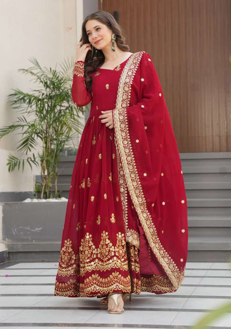 Maroon Embroidered Faux Blooming Anarkali Set - Indya