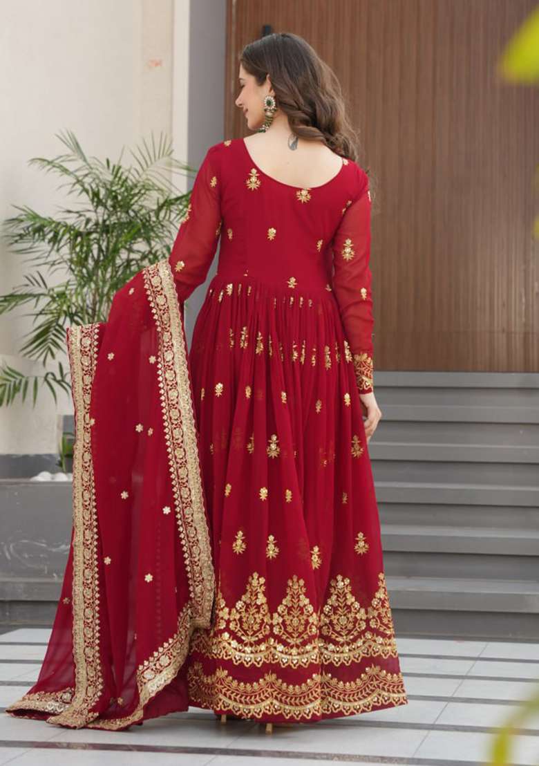 Maroon Embroidered Faux Blooming Anarkali Set - Indya
