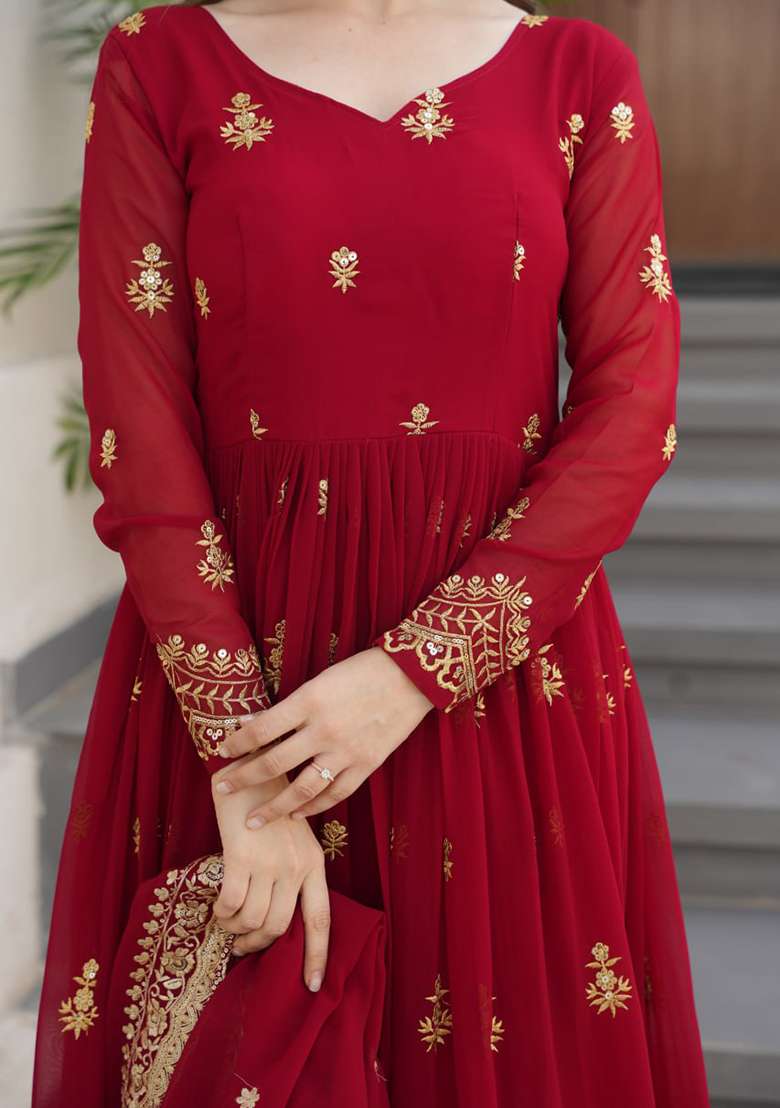 Maroon Embroidered Faux Blooming Anarkali Set - Indya