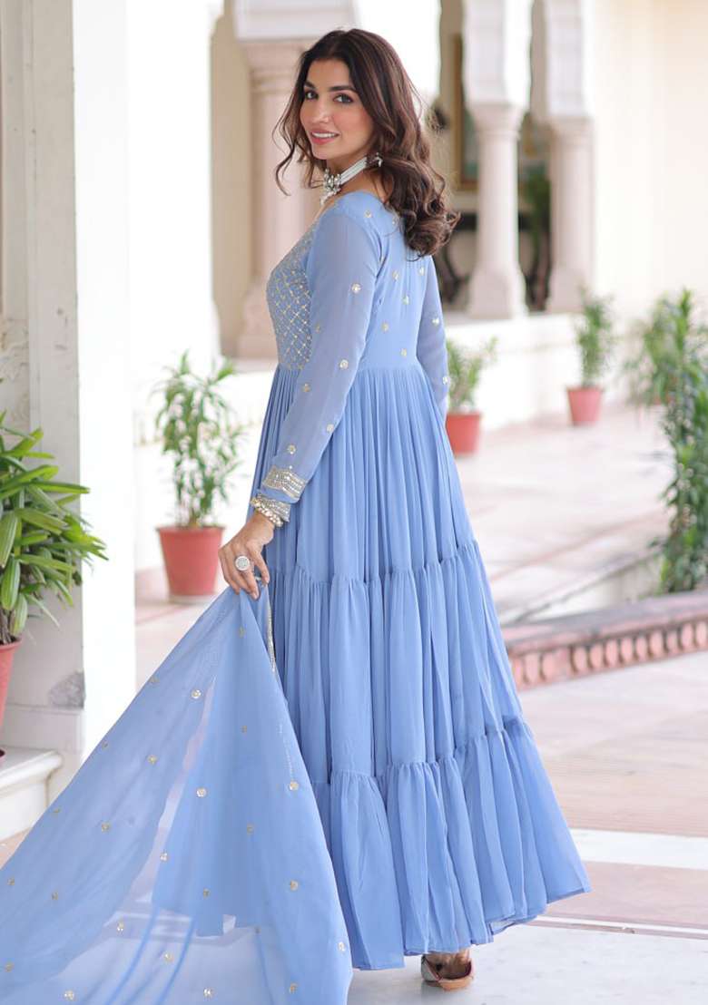 Sky Blue Embroidered Georgette Anarkali Set - Indya