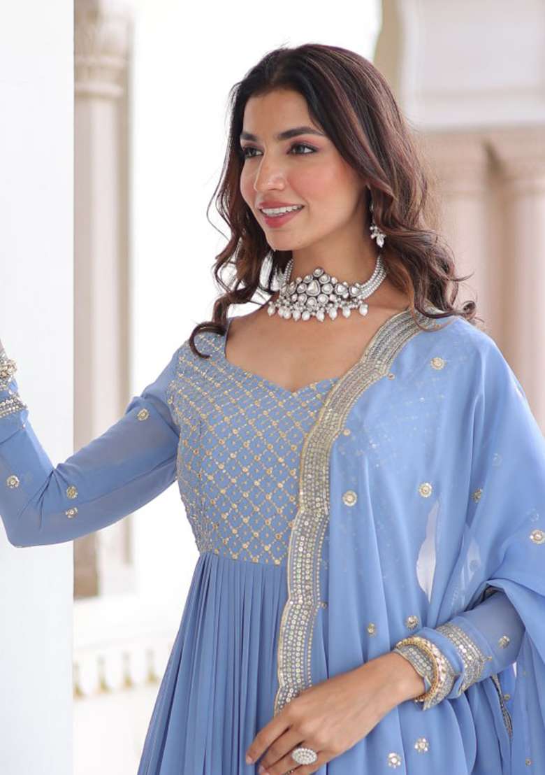 Sky Blue Embroidered Georgette Anarkali Set - Indya
