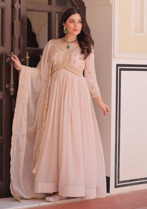 Cream Embroidery Georgette Salwar Kameez