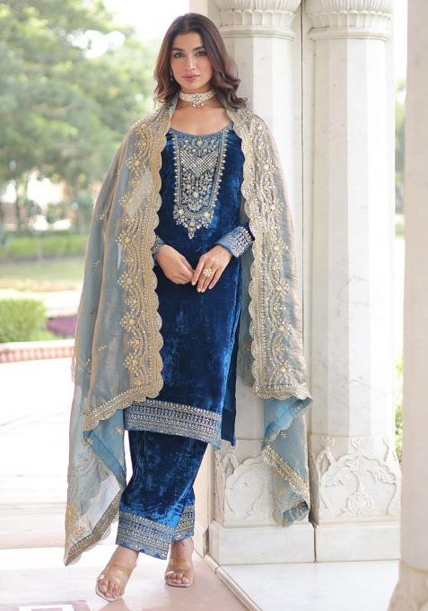 Morpeach Blue Embroidery Velvet Salwar Kameez