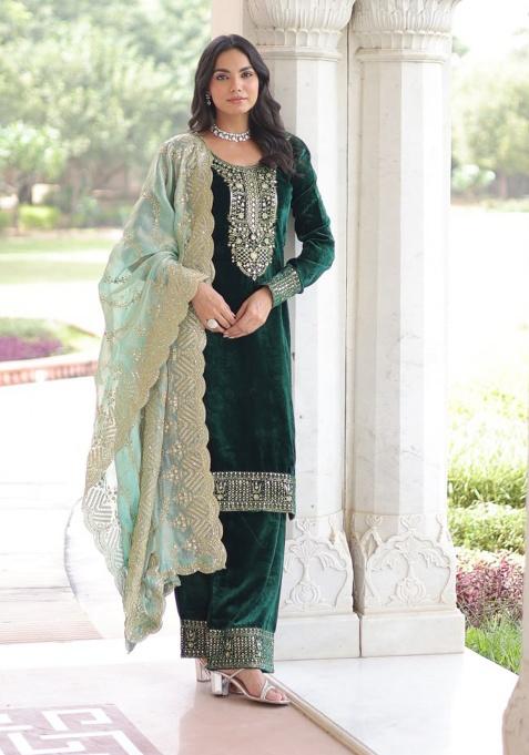 Green Embroidery Velvet Salwar Kameez