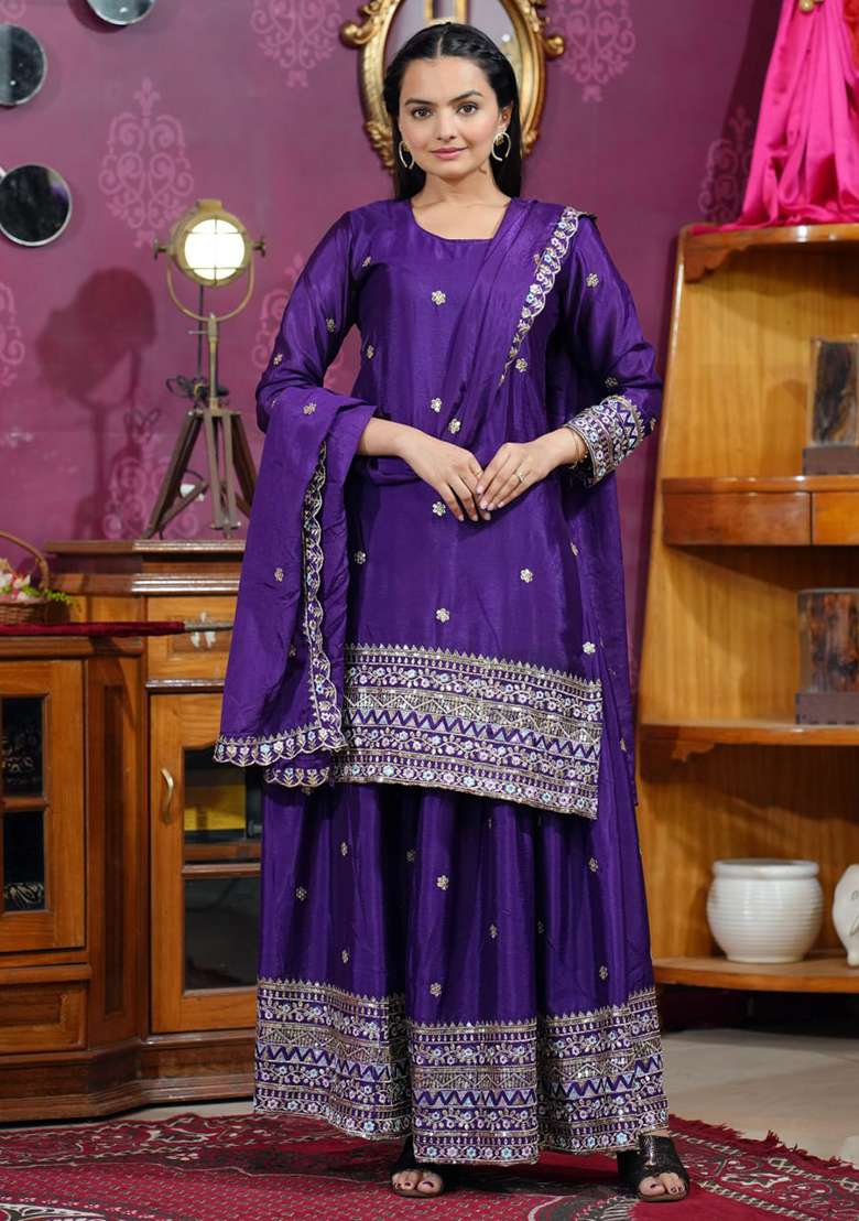 Purple Embroidered Chinon Sharara Set - Indya