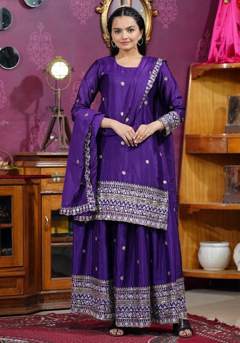 Purple Embroidery Chinon Salwar Kameez