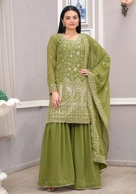 Green Embroidered Georgette Sharara Set
