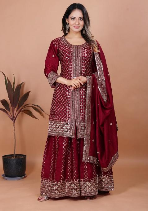 Maroon Embroidery Chinon Salwar Kameez