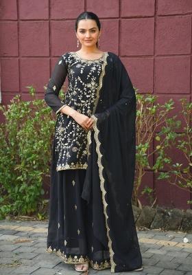 Black Embroidered Georgette Sharara Set