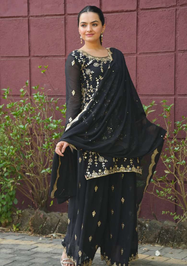 Black Embroidered Georgette Sharara Set - Indya