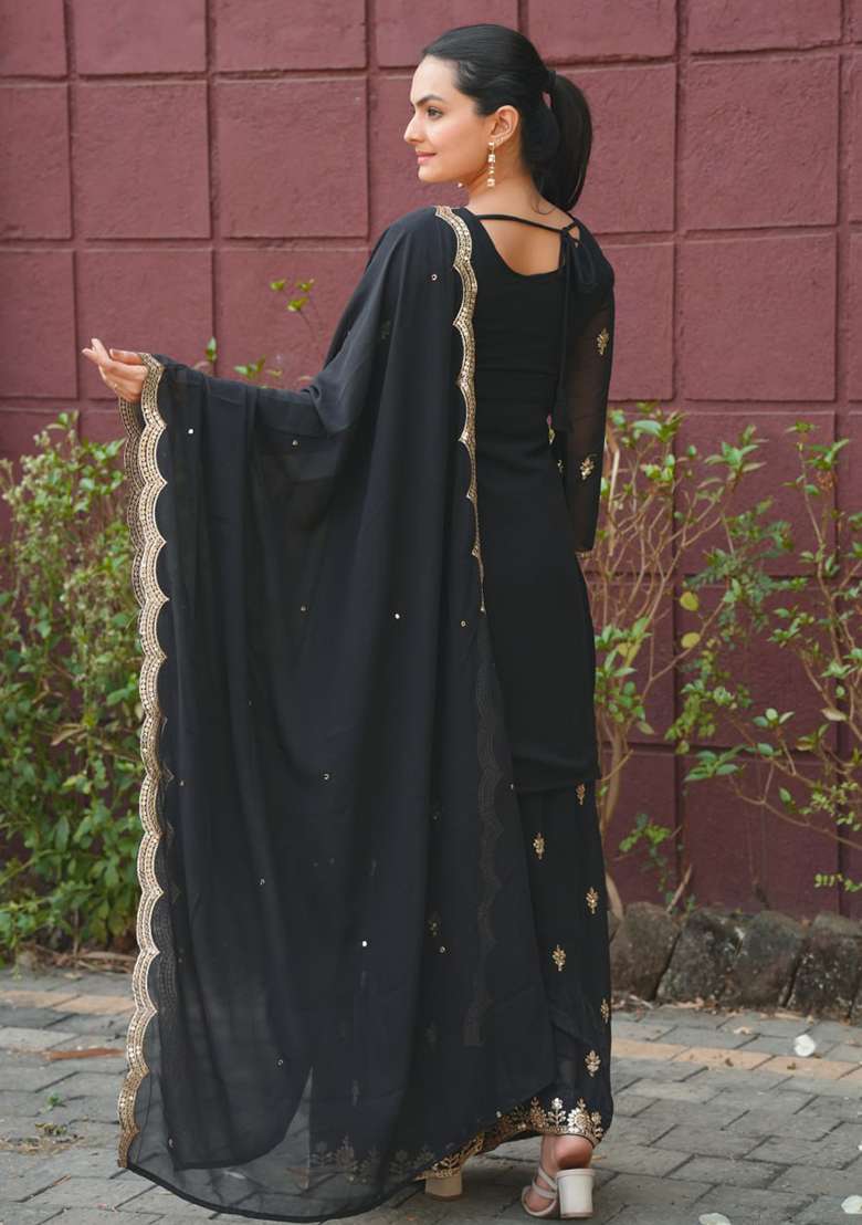 Black Embroidered Georgette Sharara Set - Indya