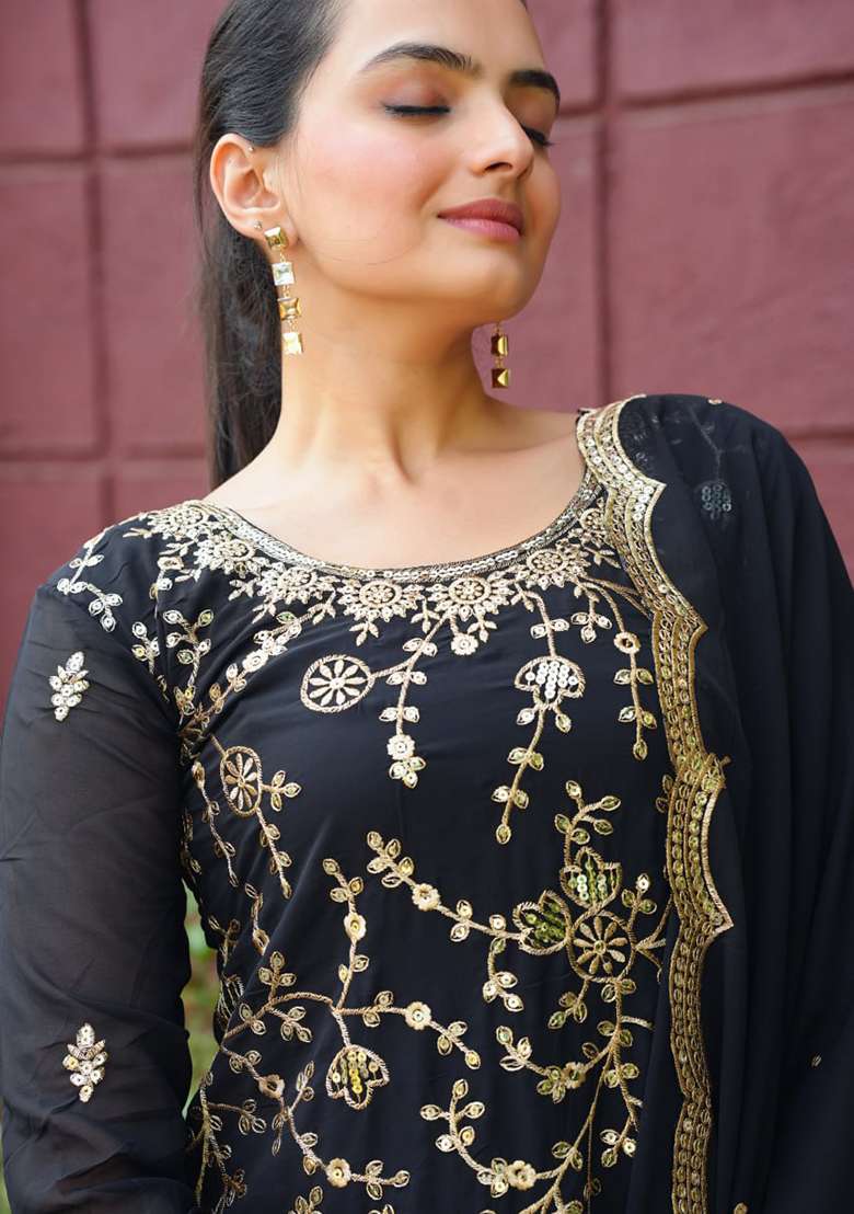 Black Embroidered Georgette Sharara Set - Indya