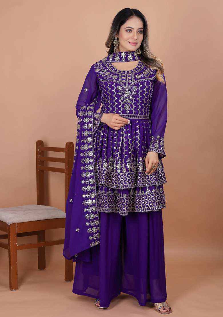 Blue Embroidered Georgette Sharara Set - Indya