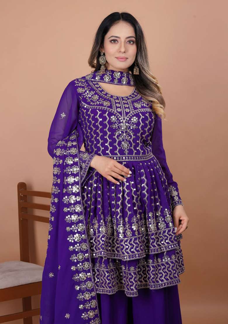 Blue Embroidered Georgette Sharara Set - Indya
