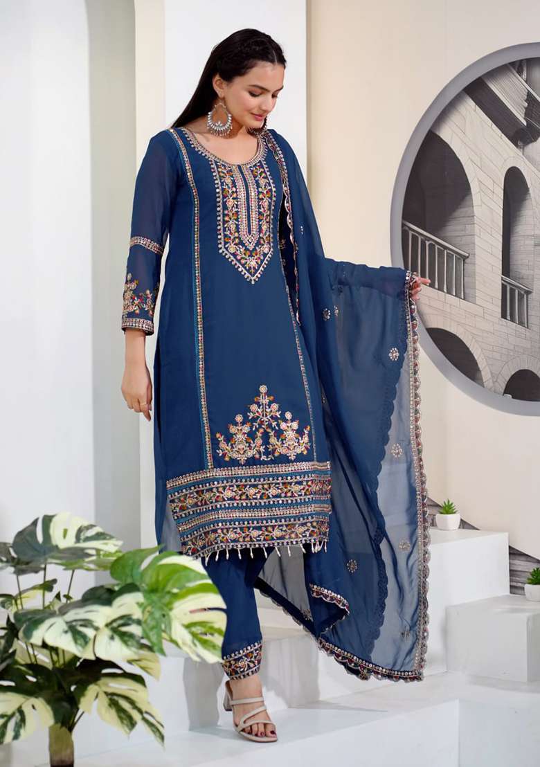 Blue Embroidered Georgette Pakistani Suit Set - Indya