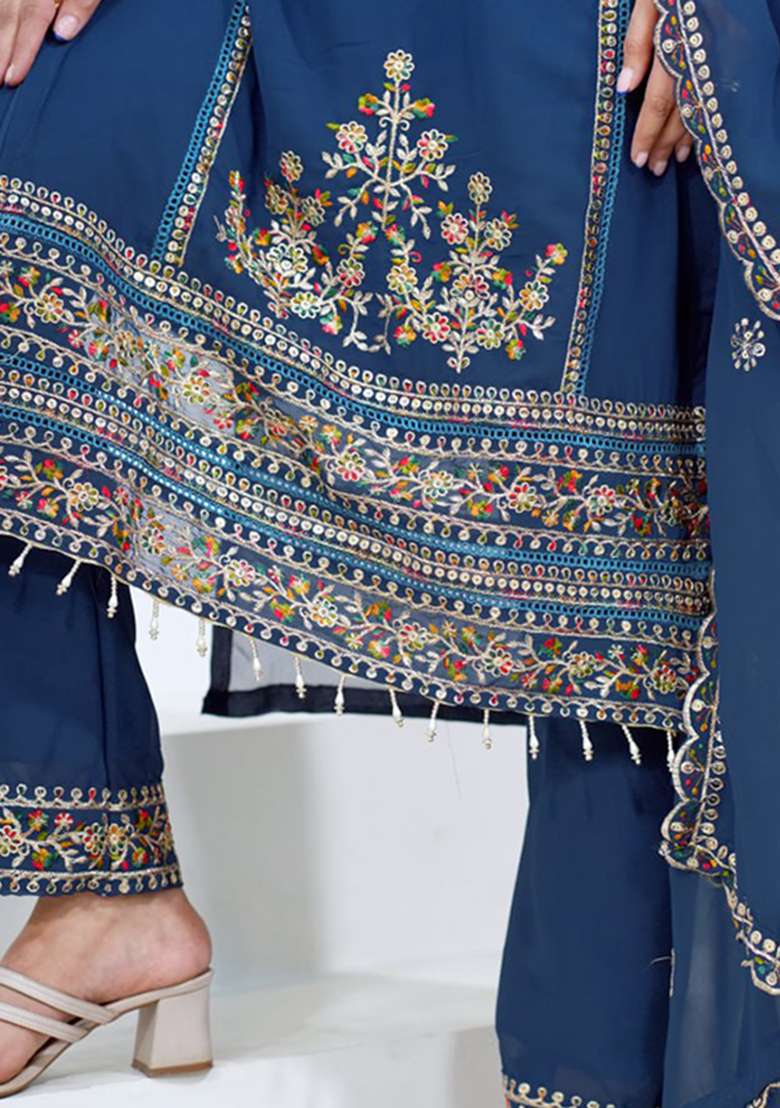 Blue Embroidered Georgette Pakistani Suit Set - Indya