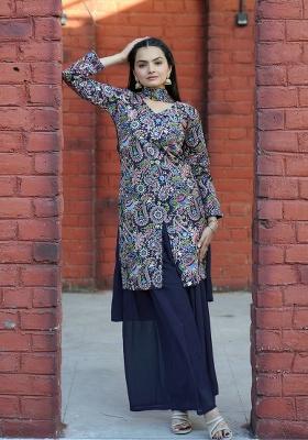 Blue Printed Silk Blend Sharara Set