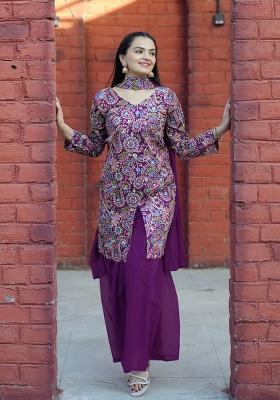 Wine Printed Silk Blend Sharara Set