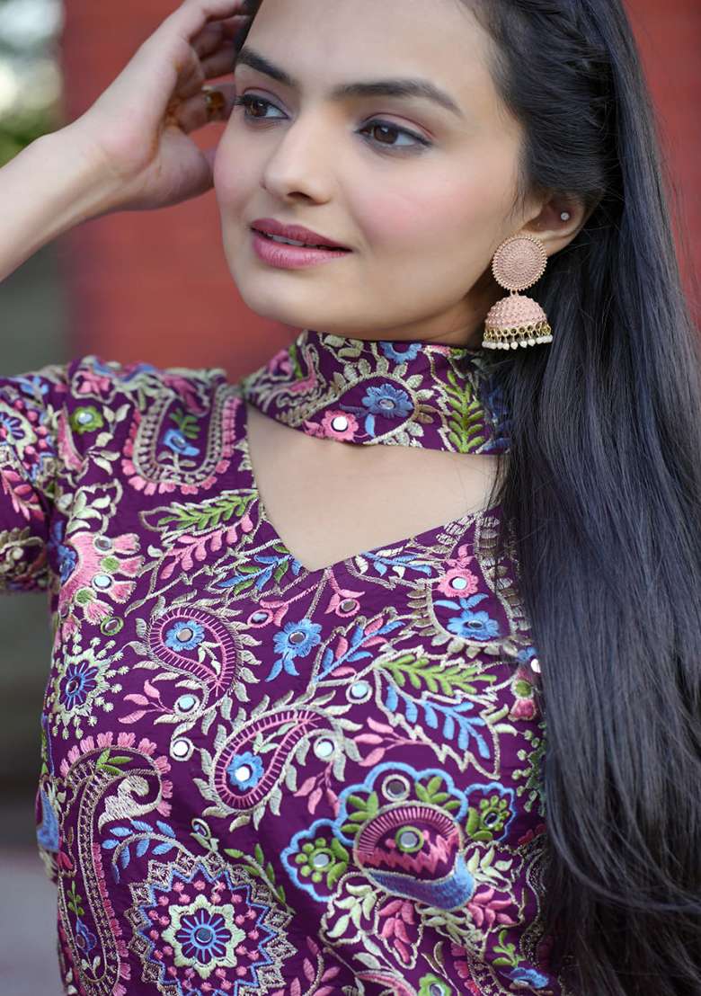 Wine Printed Silk Blend Sharara Set - Indya
