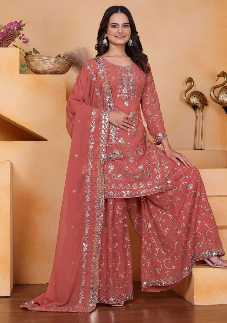 Fenta Embroidered Georgette Sharara Set - Indya