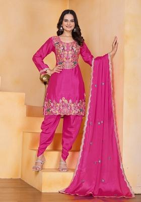 Rani Pink Embroidery Chinon Salwar Kameez