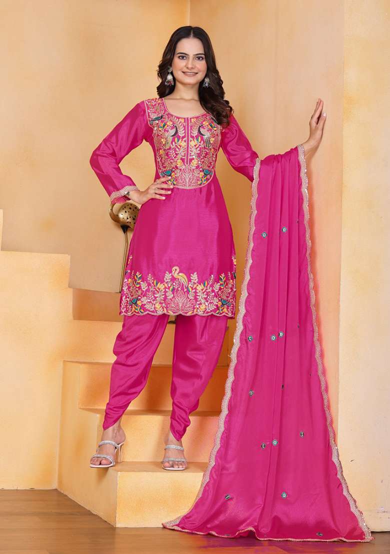 Rani Pink Embroidered Chinon Punjabi Suit - Indya