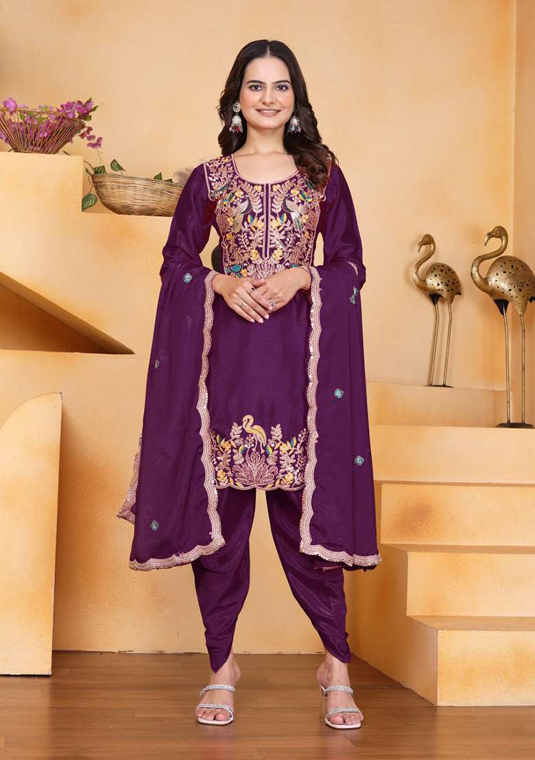 Wine Embroidered Chinon Punjabi Suit - Indya